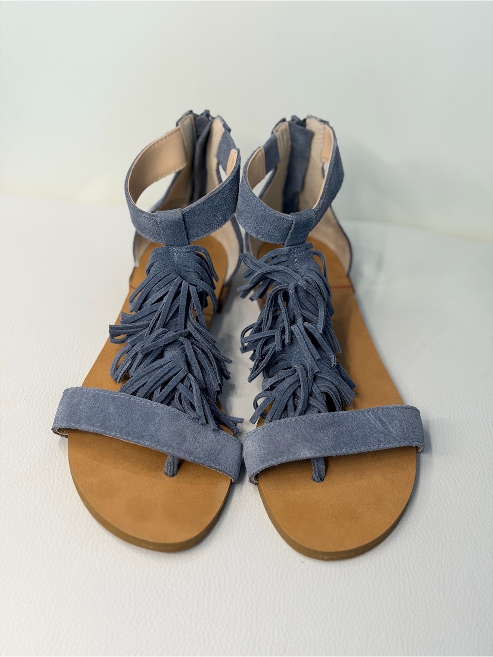 Sole Society Blue Suede Fringe Gladiator Sandals Size 6